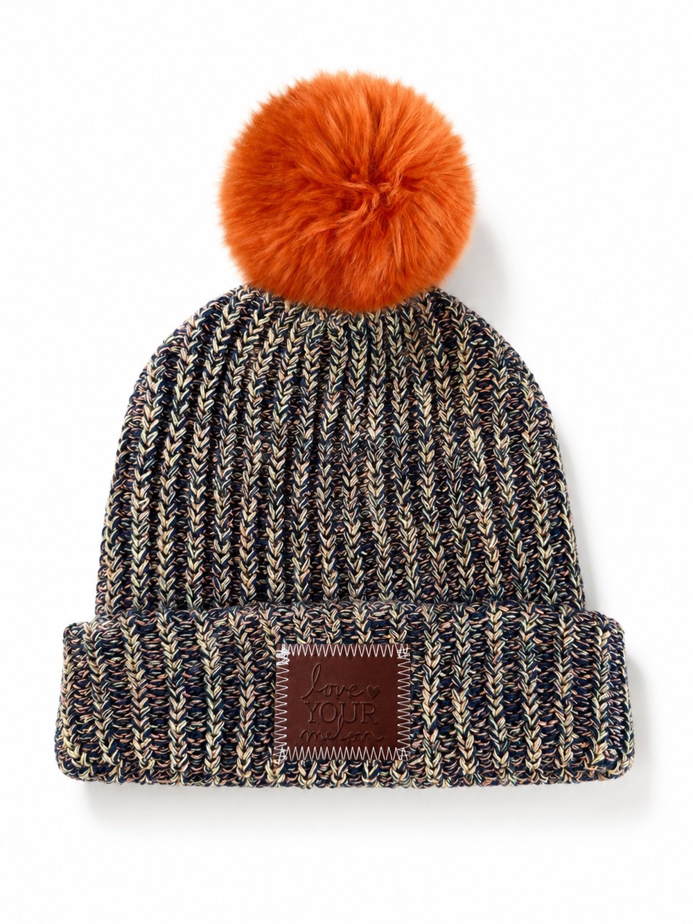 Love Your Melon Marled Knit Faux Fur Pom Beanie Navy Orange OS